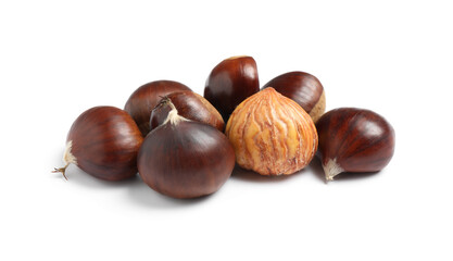 Fresh sweet edible chestnuts on white background