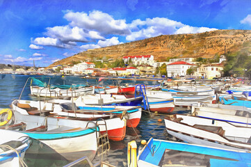 Fototapeta na wymiar Boats in Balaklava bay colorful painting looks like picture