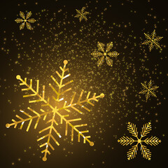 Golden shiny snowflake on black background. Glittering xmas snowflake holiday card. Vector illustration.