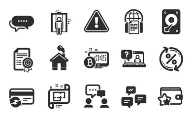 Change card, Elevator and Chat messages icons simple set. Dots message, Loyalty program and Bitcoin system signs. People chatting, Loan percent and Internet documents symbols. Flat icons set. Vector