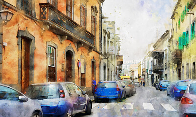 Obraz na płótnie Canvas Cityscape of Las Palmas de Gran Canaria in Summer time. Watercolor illustration.
