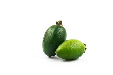Feijoa or acca sellowiana, pineapple guava tropical fruit in ripe on white isolated background