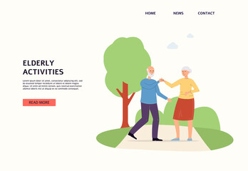 Elderly activities website interface with senior couple flat vector illustration.