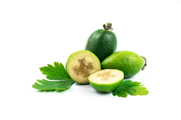 Tropical feijoa or acca sellowiana, pineapple guava fruit ripe and cut on white isolated background beatiful composition