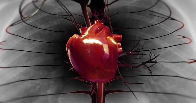 Healthy Human Heart Is Beating. X-Ray Skeleton On Background. Coronary Circulation. Science And Health Related 3D Animation.