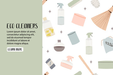 Natural household cleaners: soda, vinegar, lemon, laundry soap. Eco friendly detergents, chemical free. Zero waste lifestyle. Green home concept. Vector flat cartoon illustration, landing page, banner