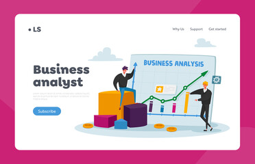 Business Analysing Landing Page Template. Tiny Characters Work around Huge Analytics Graph with Growing Arrow Statistics