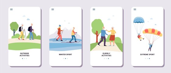 Fototapeta na wymiar Onboarding pages of app for elderly people activity flat vector illustration.