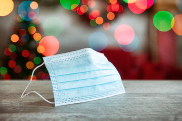 Christmas Lights Holiday Background With Covid Face Mask