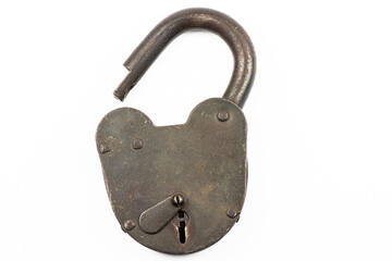 An old hanging lock is isolated on a white background.