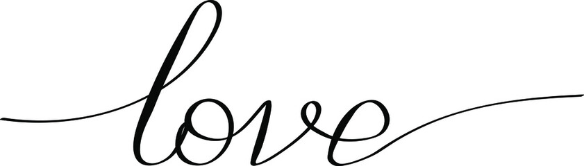 Fototapeta na wymiar The word Love is written in black letters in lettering style, a signature for a card of lovers. A screensaver for web design for valentine's day or wedding day.