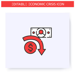 Financial crisis line icon. Financial recession, bankruptcy. Downfall arrow and dollar sign. Economical crash, global financial and economic downturn. Isolated vector illustration. Editable stroke 