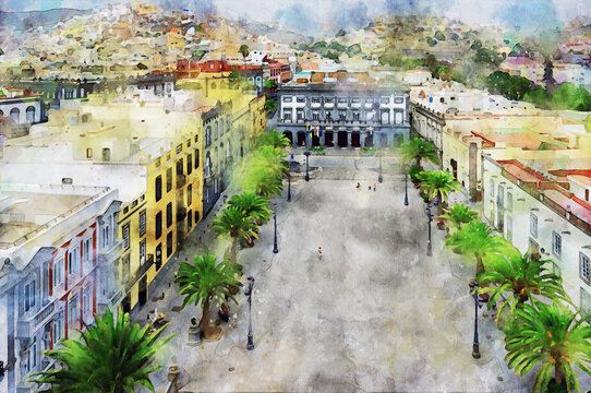 Cityscape of Las Palmas de Gran Canaria in Summer time. Watercolor illustration.