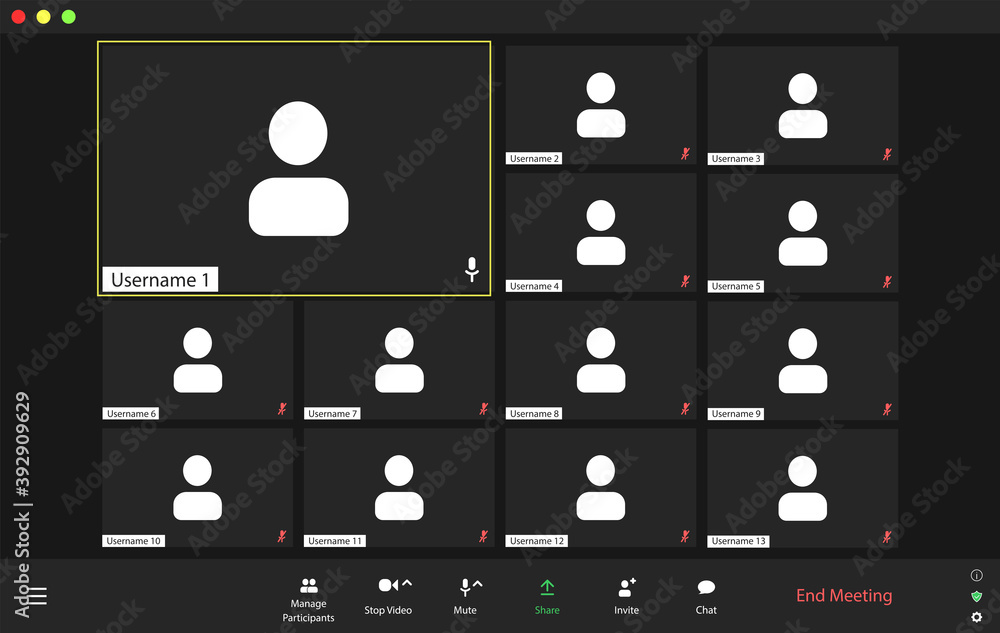 Poster template video conference user interface, video conference calls window overlay. four users.
