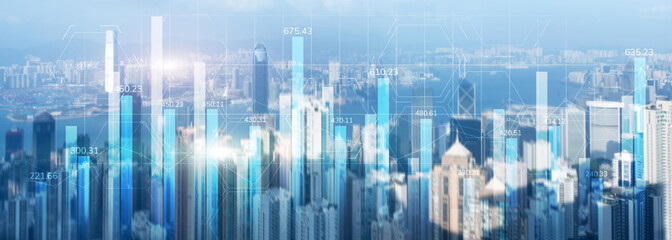 Naklejka na ściany i meble Financial graph diagram trading investment business intelligence concept website panoramic header double exposure modern city view.