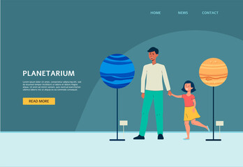 Planetarium site with people visiting exhibition flat vector illustration.