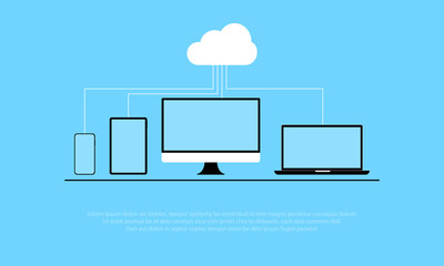 Cloud computing security concept with computer, laptop, table and smartphone, data protection, vector flat illustration.