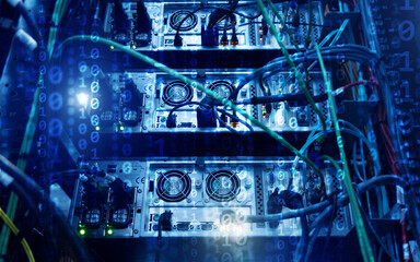 Binary code matrix digital internet technology concept on server room background.
