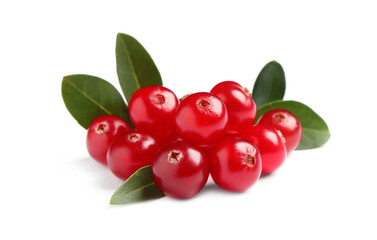 Pile of fresh cranberries with green leaves on white background
