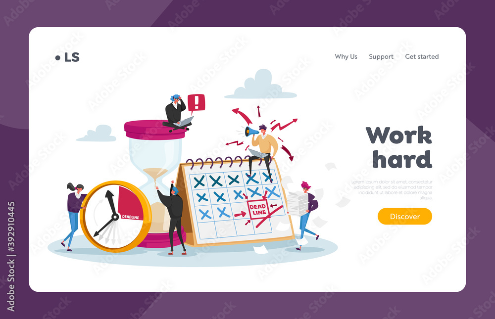 Poster workflow organization landing page template. tiny office characters overload at work with docs. mana