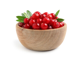 Fresh ripe cranberries with leaves in bowl isolated on white