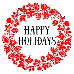 Happy Holidays red vector card with wreath
