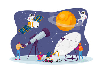 Astronomy Science, Male Female Characters Watching on Stars and Planets at Telescope, Studying Space, Cosmos Exploration