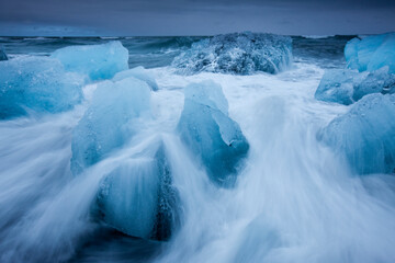 Icebergs in Surf by Jokulsarlon, Iceland