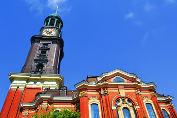 Facade of St. Michael's Church (Sankt Michaelis Kirche) in Hamburg, Germany.