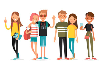 Obraz premium Big set group of diverse flat cartoon vector characters style young people couples in different poses standing together isolated on white background. Crowd people. Casualy looking dressed men women.