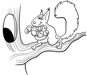 cartoon squirrel carrying acotns to the hollow coloring book page