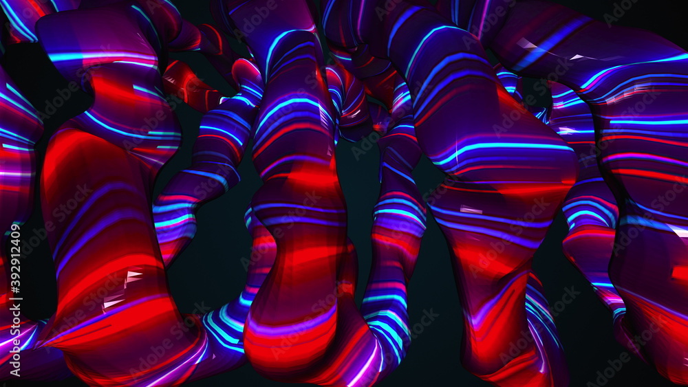 Poster volume amorphous shapes with color neon strips, computer generated. 3d render of surreal backdrop