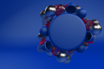 3d rendering of Christmas concept. Christmas ornaments on blue background. Gift voucher, certificate, new year, christmas, holiday.