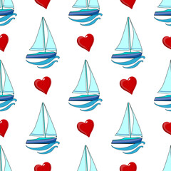 Pattern for a girl. Sailboat and heart on a white background with a water wave. Blue. blue and red colors. Great background for print and web pages.