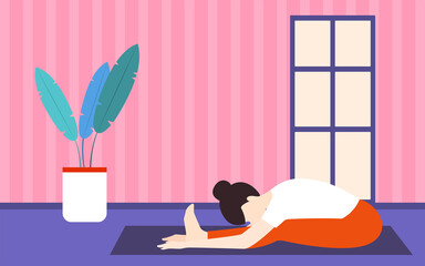 Home yoga Colorful vector illustration in flat design Woman is training on yoga mat at her home
