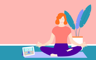 Online practice yoga Vector illustration in flat design Smiling ginger woman in lotus pose is meditating at home Bright poster template with copy space