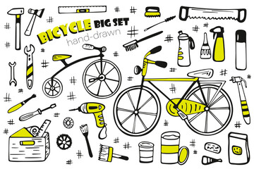 Bicycle repair tools and accessories big set. Two beautiful bicycles hand-drawn isolated on a white background. Vector illustration © Zoryana Vasiltsova