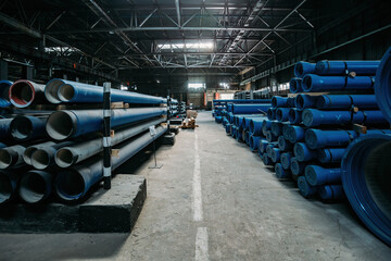 New cast iron pipes for pipeline construction in warehouse