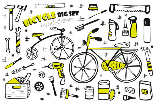 Bicycle repair tools and accessories big set. Two beautiful bicycles hand-drawn isolated on a white background. Vector illustration