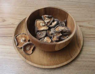 shitake mushrooms in a wood bowl and plate