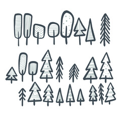 A set of hand-drawn trees. Illustration in a Scandinavian, minimalistic style. Vector image, clipart, editable details.