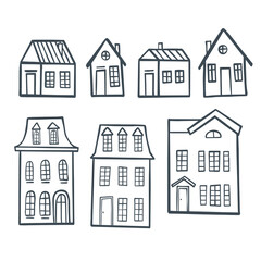 Set of old european houses isolated on vintage background. Hand drawn sketch in doodle style. Vector image, clipart, editable details. Fairytale houses for stickers or coloring books
