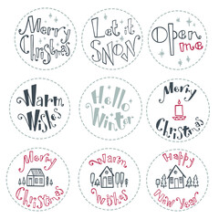 Christmas tags with inscription and hand drawn design elements. Set of christmas stickers. Happy New Year. Warm wishes. Hello winter. Merry Christmas.