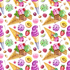 Poster Ice cream and fruit pattern on white background, watercolor illustration with fruits and sweets, print for fabric, wallpaper, wrapping paper, household items, etc. © Ollga P