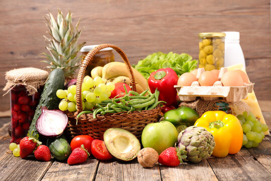 assorted of organic food on wood background