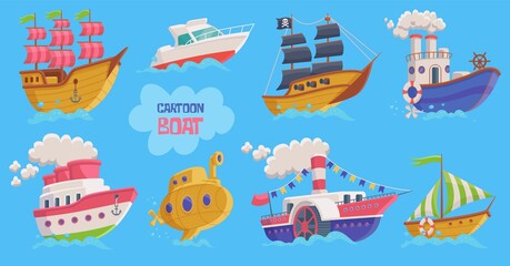 Set of childrens cartoon boats and submarines flat vector illustration isolated. © sabelskaya