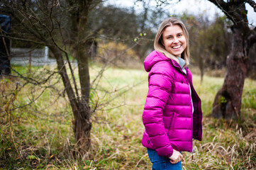 Perfect smile blonde woman autumn outdoor