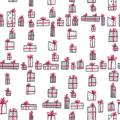 Obraz na płótnie Canvas Pattern with hand-drawn Christmas presents. Illustration in a Scandinavian, minimalistic style. For backgrounds, packaging, textile and various other designs.