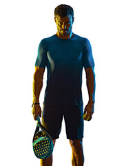 one caucasian mature man Paddle Padel tennis player shadow silhouette in studio isolated on white...