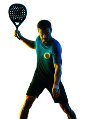 one caucasian mature man Paddle Padel tennis player shadow silhouette in studio isolated on white...